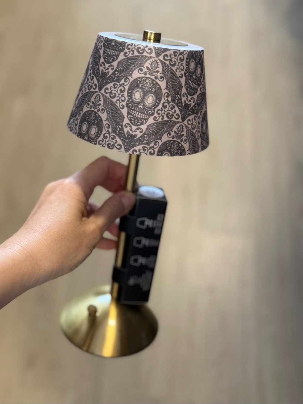 Brass Table Lamp with Patterned Gray Shade - Decorative Home Accent
